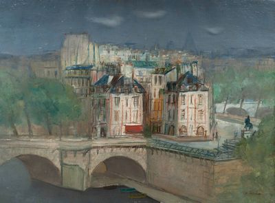 painting of a painting of a bridge over a river with a castle in the background