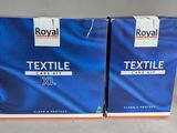 two boxes of royal textile cloth on a white background