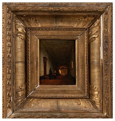 an oil painting of a man sitting in a room with a fireplace