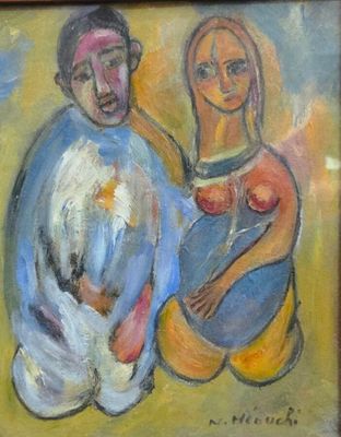 une peinture à l'huile représentant un homme et une femme assis l'un à côté de l'autre