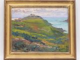une peinture à l'huile représentant un paysage avec une colline et l'océan en arrière-plan