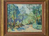 une image représentant un tableau d'un sentier dans les bois