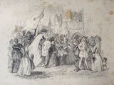 un vieux dessin représentant un groupe de personnes debout devant un bâtiment