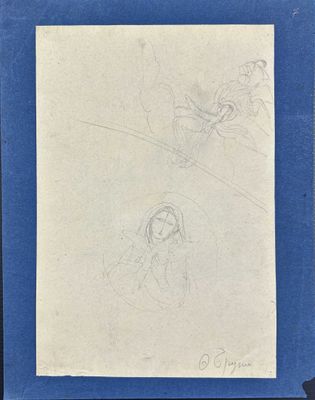 le dessin d'une femme assise sur une chaise, à côté du dessin d'un homme à cheval