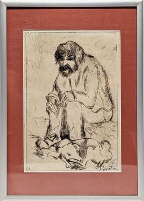 Elie PESATORI (1923-2000) "Homme barbu au chien"