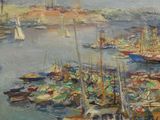 a painting of a harbor filled with lots of boats