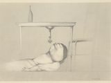 un dessin représentant un bébé allongé par terre sous une table
