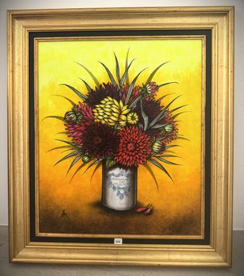 painting of a vase of flowers on a table with a yellow background
