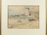 an image of a drawing of a lighthouse on a beach