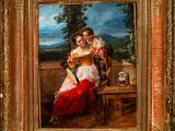 an image of a painting of a man and a woman sitting on a bench