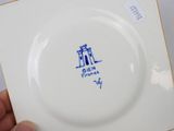 someone is holding a plate with a blue and white design on it