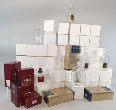de nombreux flacons et coffrets de parfum posés sur une surface blanche