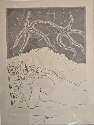 drawing of a woman laying in bed with a cat in the background
