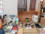 a table with various items on it in a room