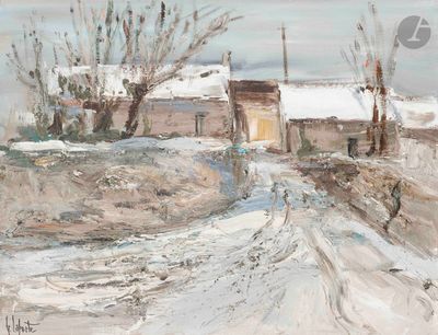 tableau représentant une route enneigée avec une maison et des arbres en arrière-plan