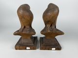 pair of carved wood owl bookends on wooden bases