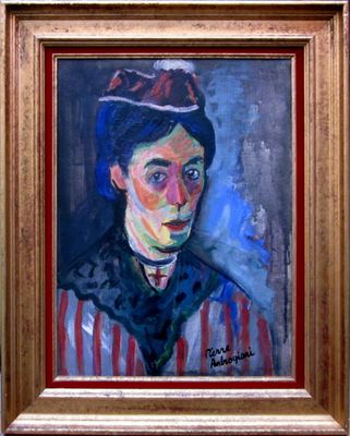 tableau représentant une femme vêtue d'un t-shirt rayé rouge et blanc, dans un cadre doré