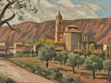 tableau représentant un village avec une église et des oliviers au premier plan