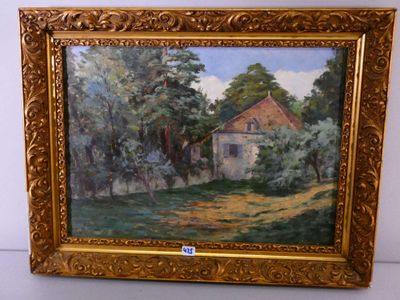 an oil painting of a house in a field with trees and bushes