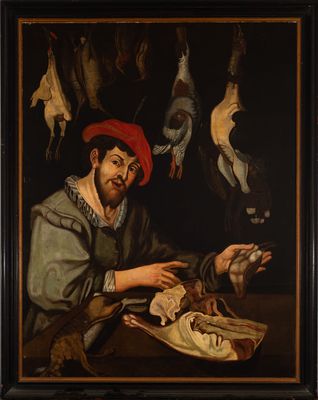 un tableau représentant un homme tenant un oiseau devant un tas d'oiseaux morts