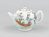 an image of a teapot with a painting of people on it