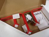 a box that has a red handlebar and a white handlebar in it