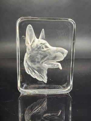 crystal block with a dog head etched into it on a black surface