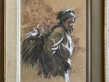 painting of a woman carrying a basket of hay in a brown frame
