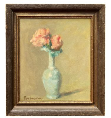 peinture représentant une peinture d'un vase contenant des fleurs roses