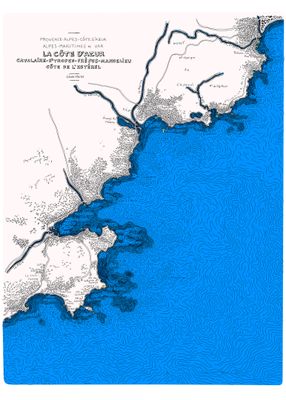 une image représentant une carte bleue et blanche de la côte californienne