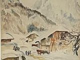 a painting of a village in the mountains with a mountain in the background