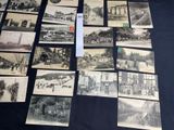 several old black and white photographs of a train station and buildings