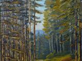 une peinture à l'huile représentant une route dans les bois, bordée d'arbres