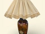 a lamp that is sitting on a table with a lamp shade on it