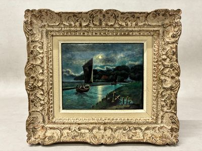 an image of a painting of a boat on a body of water with a castle in the background