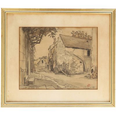 un vieux dessin représentant une scène de vie à la ferme avec un homme et un chien