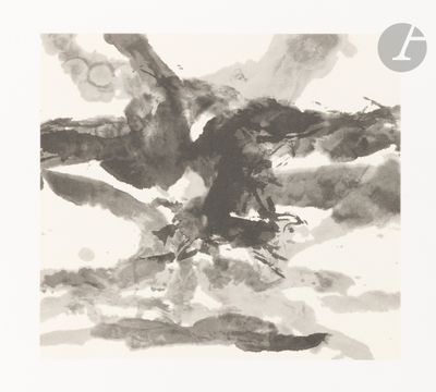 a black and white painting of a bird flying in the sky