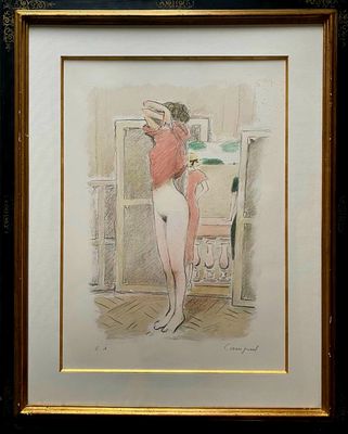 painting of a woman standing in front of a mirror in a room