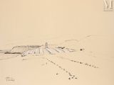 dessin représentant un paysage avec une montagne au loin et un champ au premier plan, où paissent des moutons