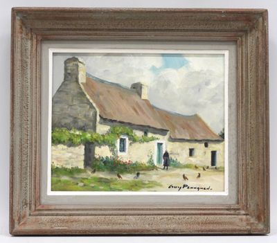 an oil painting of a house with a dog and a cat in front of it