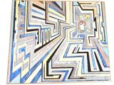 abstract painting of a maze with blue, yellow, and white colors