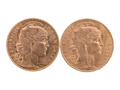 Deux pièces de 20 Francs or de coq de 1908 et 1912, (usures)… - Photo 1