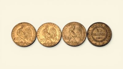 3 pièces de 20 Francs en or au Coq de Chaplain 1906, 1908 et…