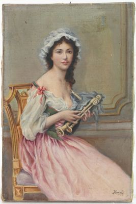 tableau représentant une femme en robe rose jouant d'un instrument de musique
