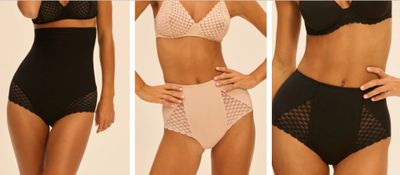 three different pictures of a woman in a bikini and panties
