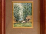 an image of a painting of a farm scene in a wooden frame
