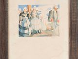 an image of a painting of a man and a woman standing in front of a building