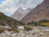 une peinture représentant une scène de montagne avec une rivière au premier plan