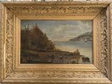 une image représentant un tableau d'un lac avec un bateau sur l'eau