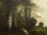 l'image d'une peinture représentant une rivière avec des arbres en arrière-plan